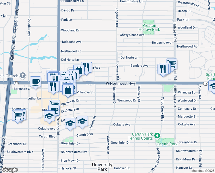 map of restaurants, bars, coffee shops, grocery stores, and more near 3809 Northwest Parkway in Dallas