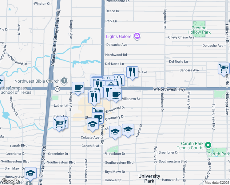 map of restaurants, bars, coffee shops, grocery stores, and more near 8415 Preston Center Plaza in Dallas