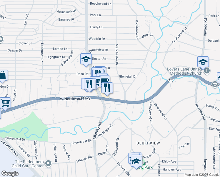 map of restaurants, bars, coffee shops, grocery stores, and more near 4303 Margate Drive in Dallas