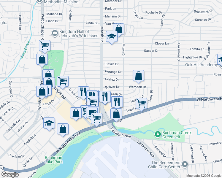 map of restaurants, bars, coffee shops, grocery stores, and more near 3724 Bolivar Drive in Dallas