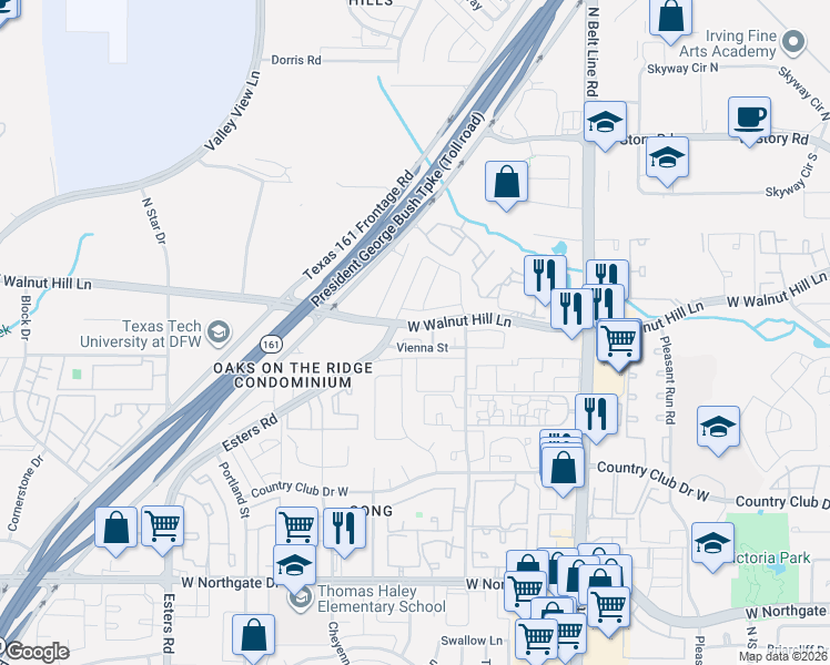 map of restaurants, bars, coffee shops, grocery stores, and more near 3857 Marcillia Circle in Irving