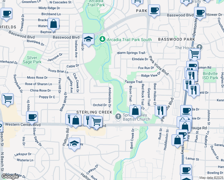 map of restaurants, bars, coffee shops, grocery stores, and more near 5120 Basswood Boulevard in Fort Worth