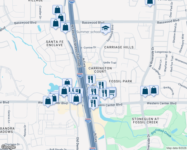 map of restaurants, bars, coffee shops, grocery stores, and more near 6904 Carrington Lane in Fort Worth