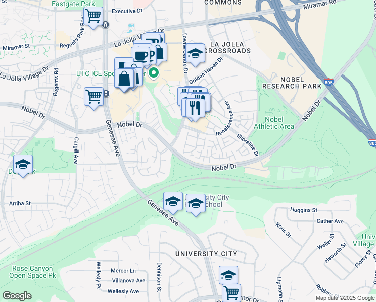 map of restaurants, bars, coffee shops, grocery stores, and more near 5109 Renaissance Avenue in San Diego