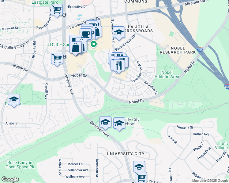 map of restaurants, bars, coffee shops, grocery stores, and more near 5115 Renaissance Avenue in San Diego