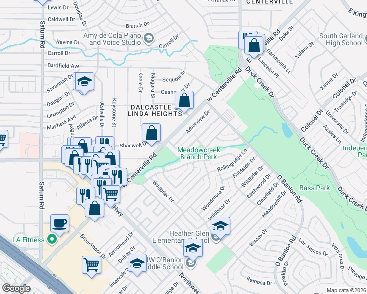map of restaurants, bars, coffee shops, grocery stores, and more near 501 Valley Park Drive in Garland