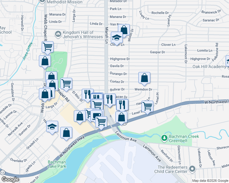 map of restaurants, bars, coffee shops, grocery stores, and more near 3724 Bolivar Drive in Dallas