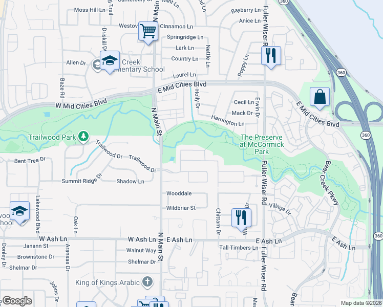 map of restaurants, bars, coffee shops, grocery stores, and more near 208 Fountainview Drive in Euless