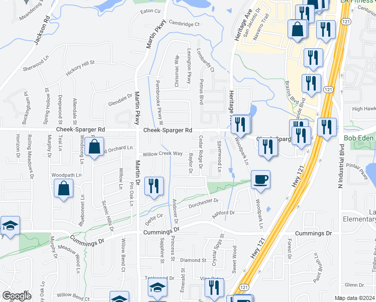 map of restaurants, bars, coffee shops, grocery stores, and more near 3325 Willow Creek Way in Bedford