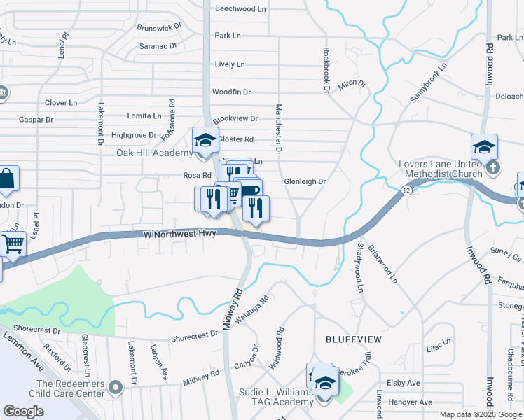 map of restaurants, bars, coffee shops, grocery stores, and more near 4303 Margate Drive in Dallas