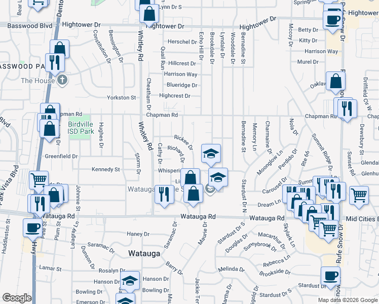 map of restaurants, bars, coffee shops, grocery stores, and more near 6020 Rickee Drive in Watauga