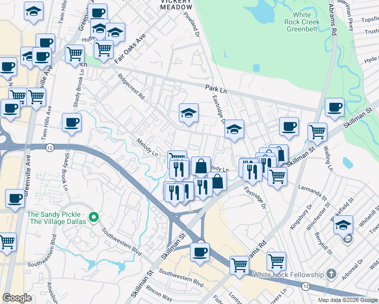 map of restaurants, bars, coffee shops, grocery stores, and more near 6415 Melody Lane in Dallas