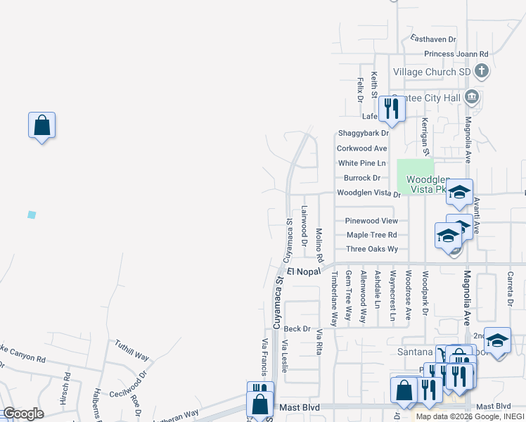 map of restaurants, bars, coffee shops, grocery stores, and more near 10290 Lariat Drive in Santee