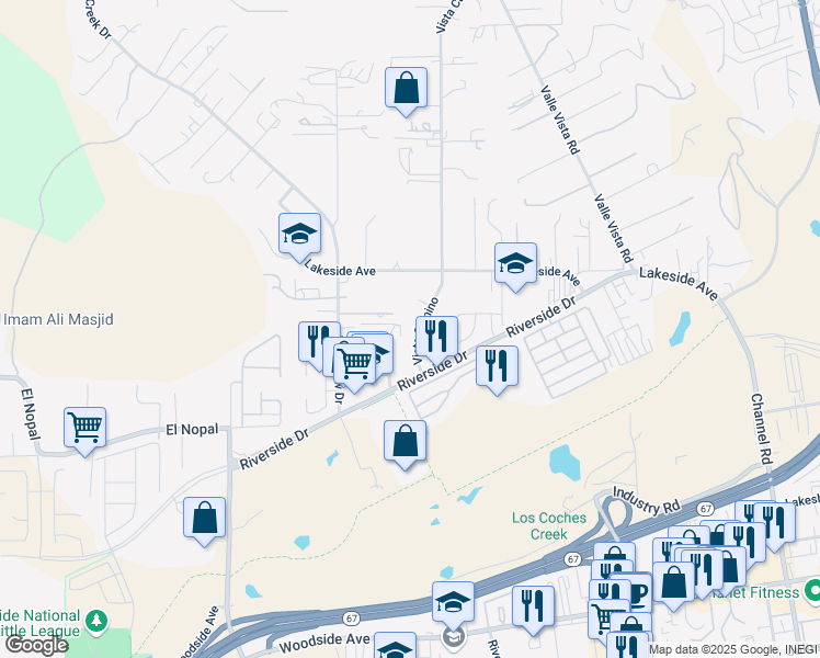 map of restaurants, bars, coffee shops, grocery stores, and more near 10250 Vista Camino in Lakeside