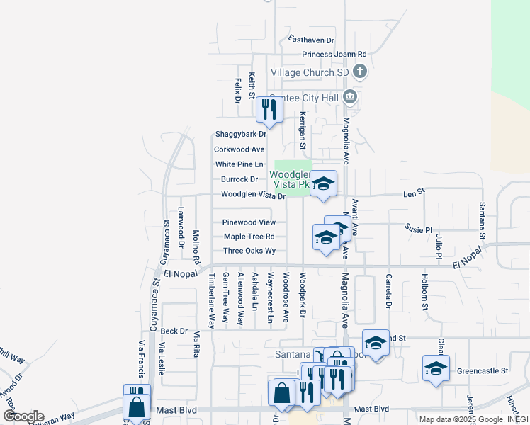 map of restaurants, bars, coffee shops, grocery stores, and more near 10147 Cedar Springs Drive in Santee