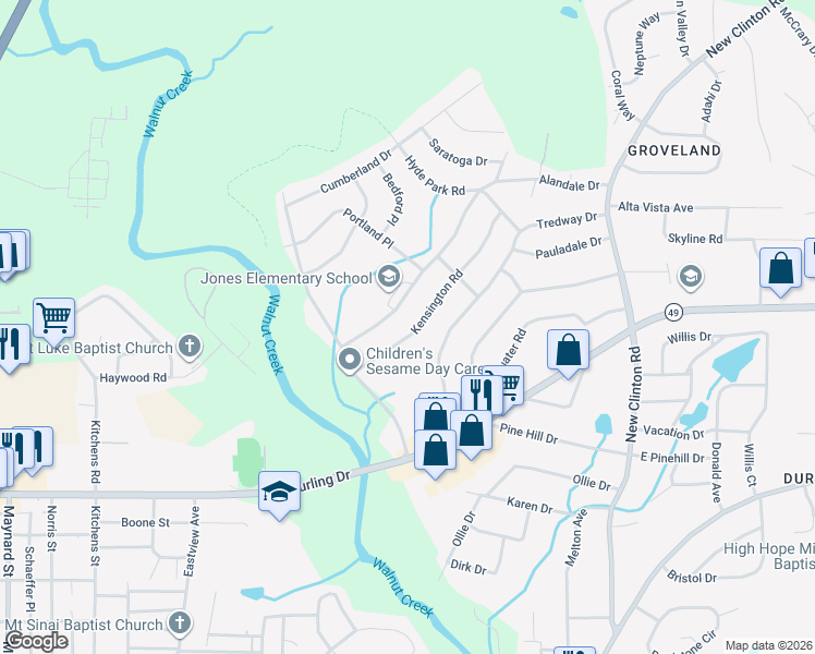 map of restaurants, bars, coffee shops, grocery stores, and more near 2370 Kensington Road in Macon