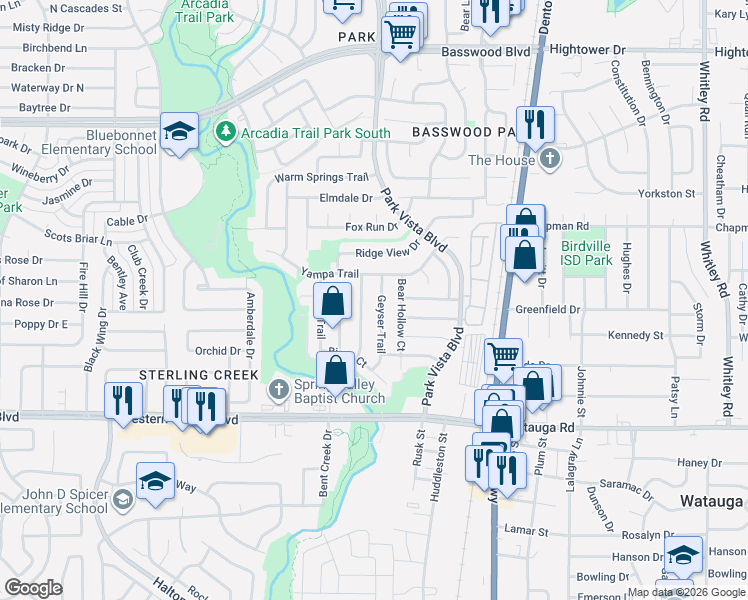 map of restaurants, bars, coffee shops, grocery stores, and more near 6757 Geyser Trail in Watauga
