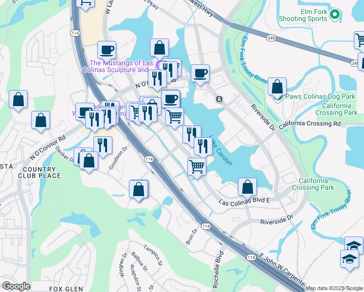 map of restaurants, bars, coffee shops, grocery stores, and more near 380 Las Colinas Boulevard East in Irving