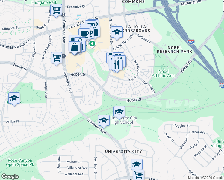 map of restaurants, bars, coffee shops, grocery stores, and more near 5109 Renaissance Avenue in San Diego