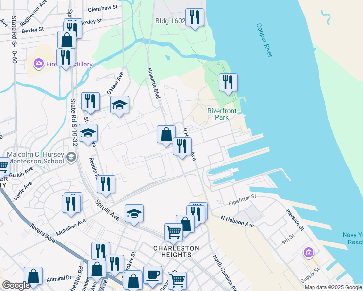 map of restaurants, bars, coffee shops, grocery stores, and more near 1360 Truxtun Avenue in North Charleston