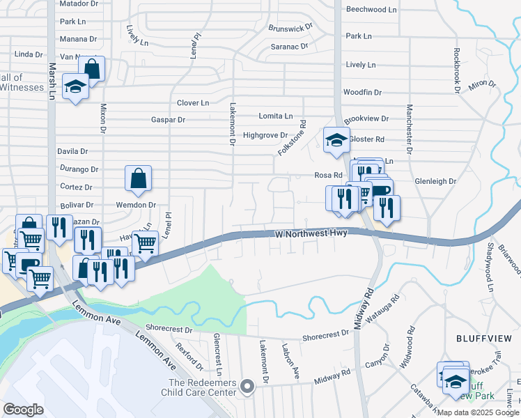 map of restaurants, bars, coffee shops, grocery stores, and more near 9320 Stratford Way in Dallas