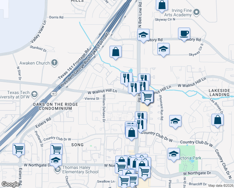 map of restaurants, bars, coffee shops, grocery stores, and more near 3604 Vienna Street in Irving