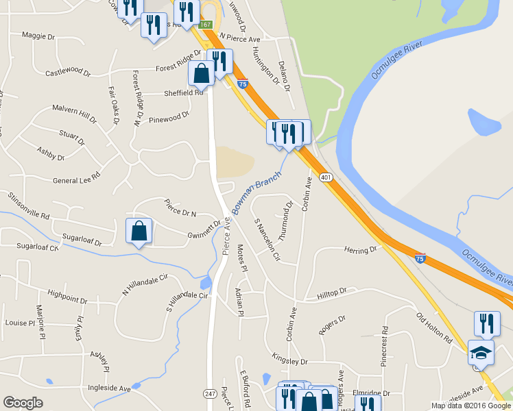 map of restaurants, bars, coffee shops, grocery stores, and more near 2587 South Nancelon Circle in Macon