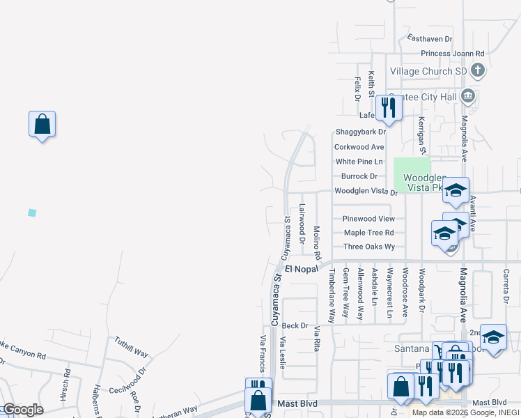 map of restaurants, bars, coffee shops, grocery stores, and more near 10290 Lariat Drive in Santee