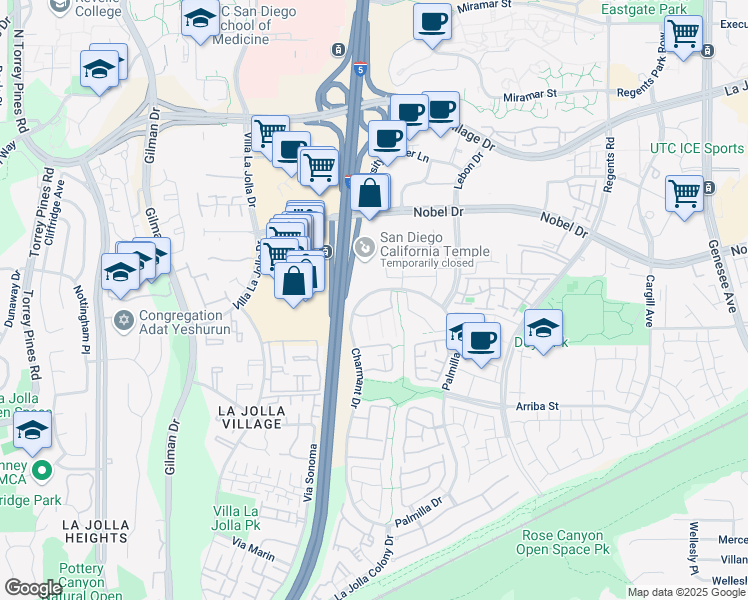 map of restaurants, bars, coffee shops, grocery stores, and more near 7415 Charmant Drive in San Diego