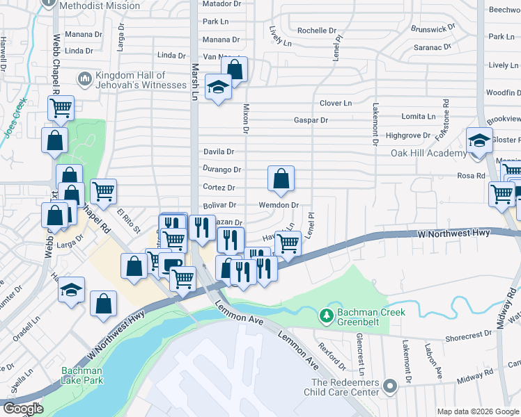 map of restaurants, bars, coffee shops, grocery stores, and more near 3822 Wemdon Drive in Dallas