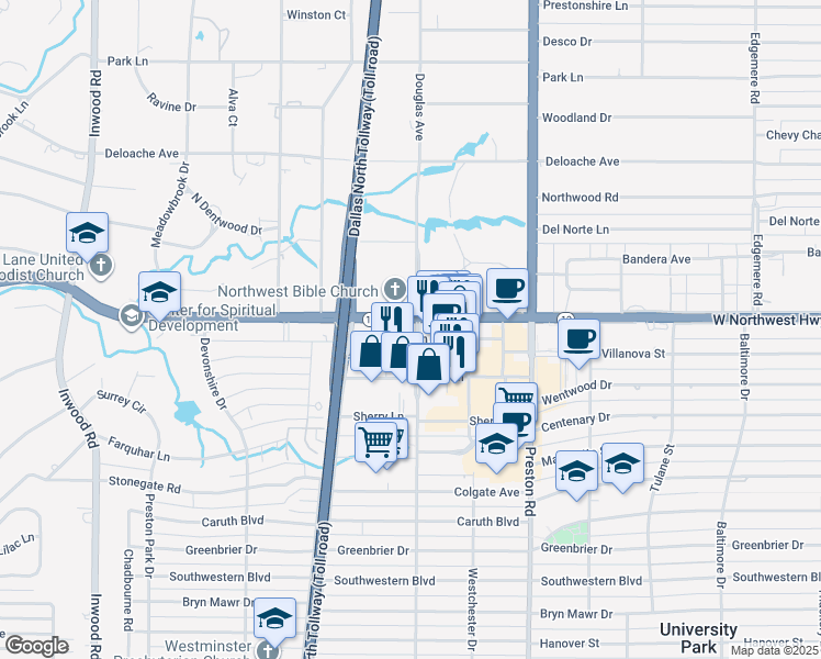 map of restaurants, bars, coffee shops, grocery stores, and more near 8401 Douglas Avenue in Dallas