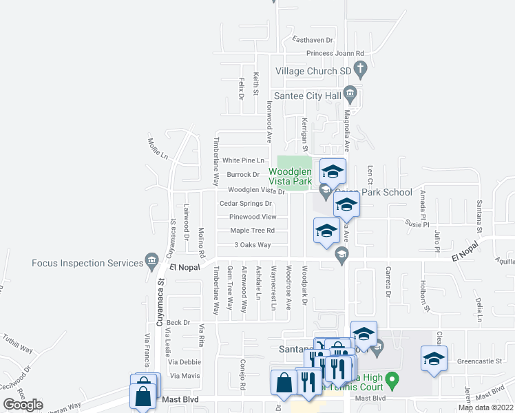 map of restaurants, bars, coffee shops, grocery stores, and more near 10129 Cedar Springs Drive in Santee