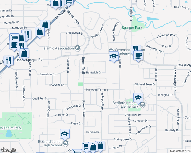map of restaurants, bars, coffee shops, grocery stores, and more near 713 Mountain Laurel Ln in Bedford
