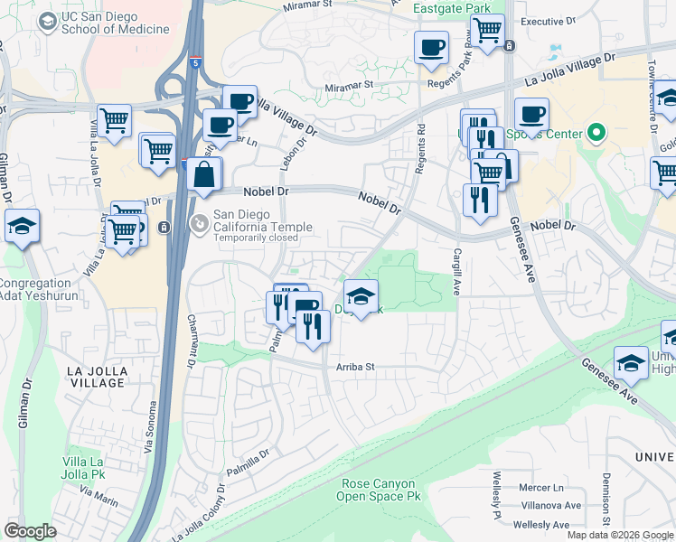 map of restaurants, bars, coffee shops, grocery stores, and more near 8046 Regents Road in San Diego
