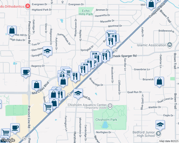 map of restaurants, bars, coffee shops, grocery stores, and more near 464 Grapevine Highway in Hurst