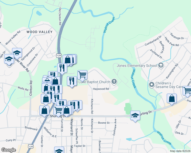 map of restaurants, bars, coffee shops, grocery stores, and more near 161 Woodward Court in Macon