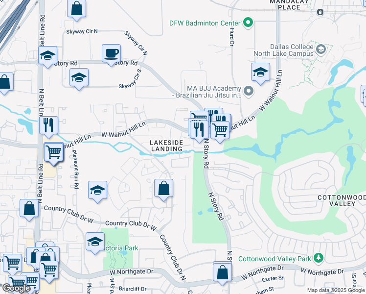 map of restaurants, bars, coffee shops, grocery stores, and more near 2400 Northlake Court in Irving