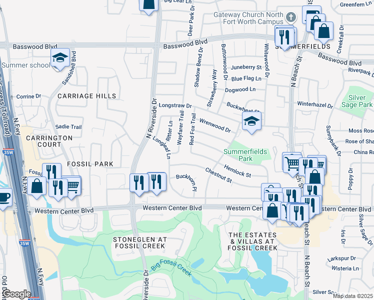 map of restaurants, bars, coffee shops, grocery stores, and more near 6716 Wayfarer Trail in Fort Worth