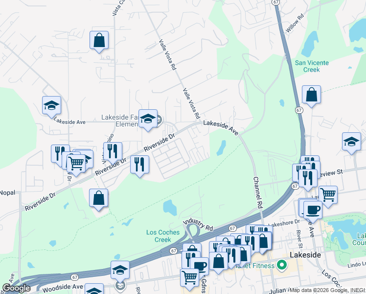 map of restaurants, bars, coffee shops, grocery stores, and more near 11949 Riverside Drive in Lakeside