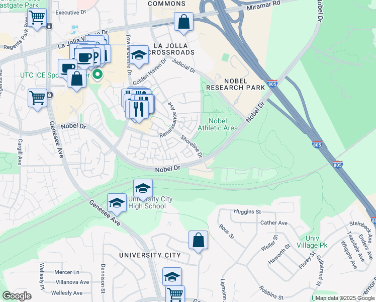 map of restaurants, bars, coffee shops, grocery stores, and more near 7274 Shoreline Drive in San Diego