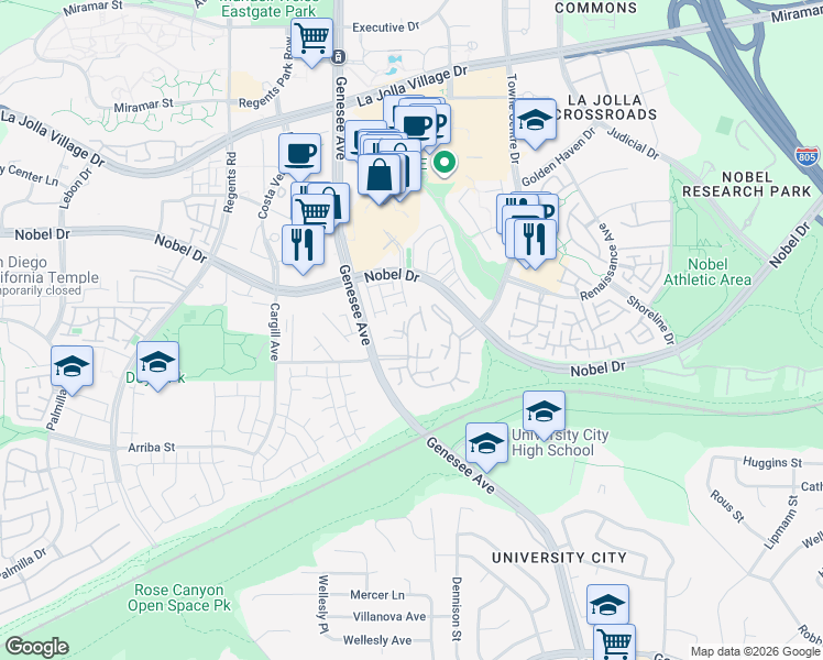 map of restaurants, bars, coffee shops, grocery stores, and more near 8148 Avenida Navidad in San Diego