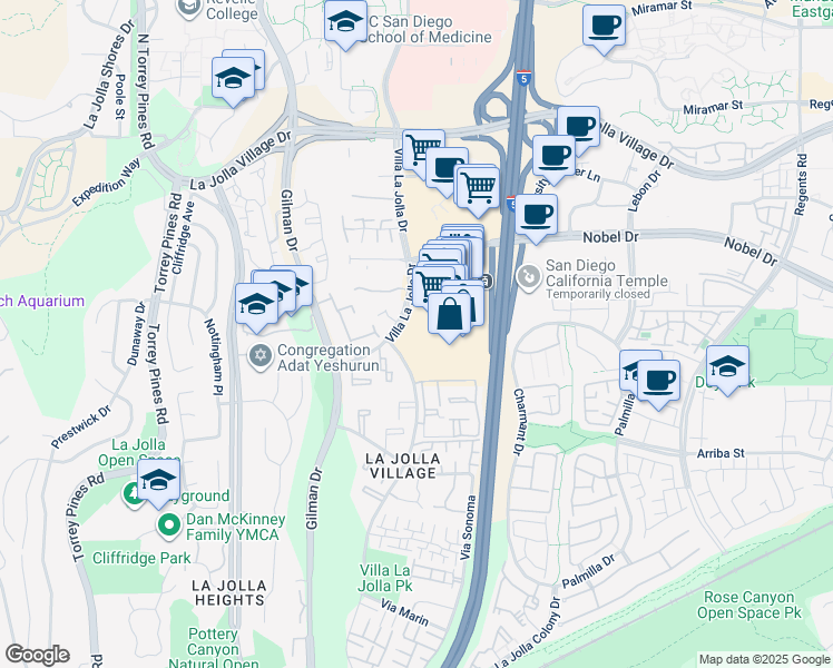 map of restaurants, bars, coffee shops, grocery stores, and more near 8657 Villa La Jolla Drive in San Diego