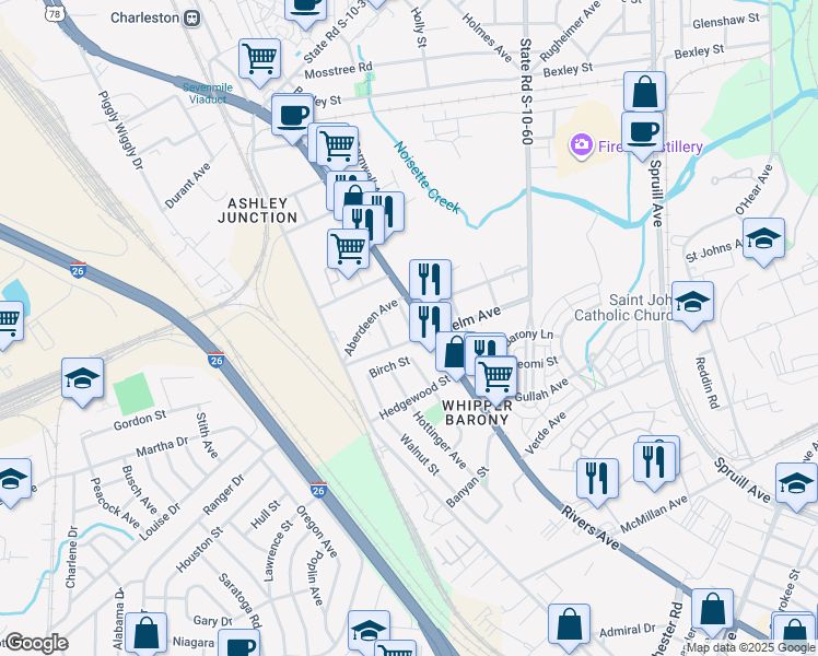 map of restaurants, bars, coffee shops, grocery stores, and more near 4003 Rivers Avenue in North Charleston