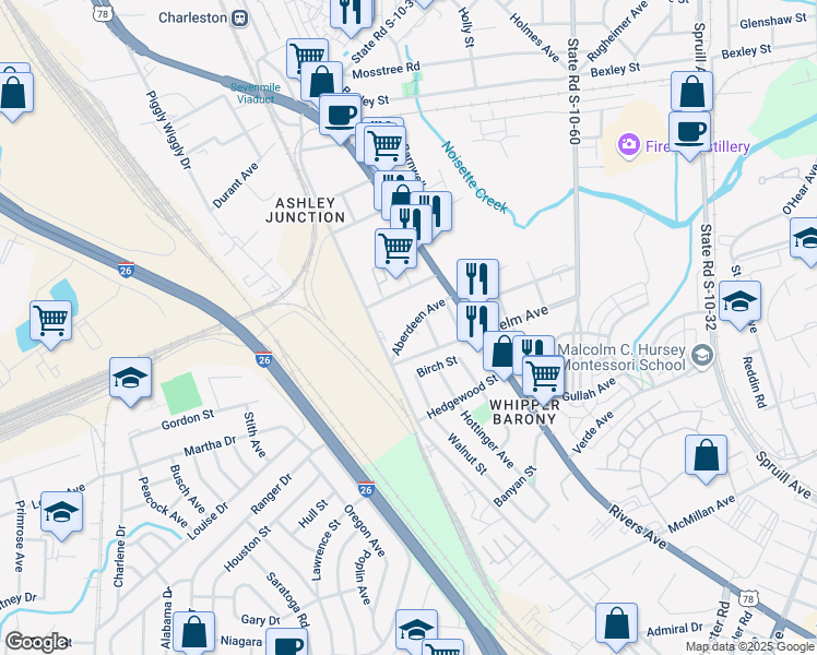 map of restaurants, bars, coffee shops, grocery stores, and more near 2176 Aberdeen Avenue in North Charleston
