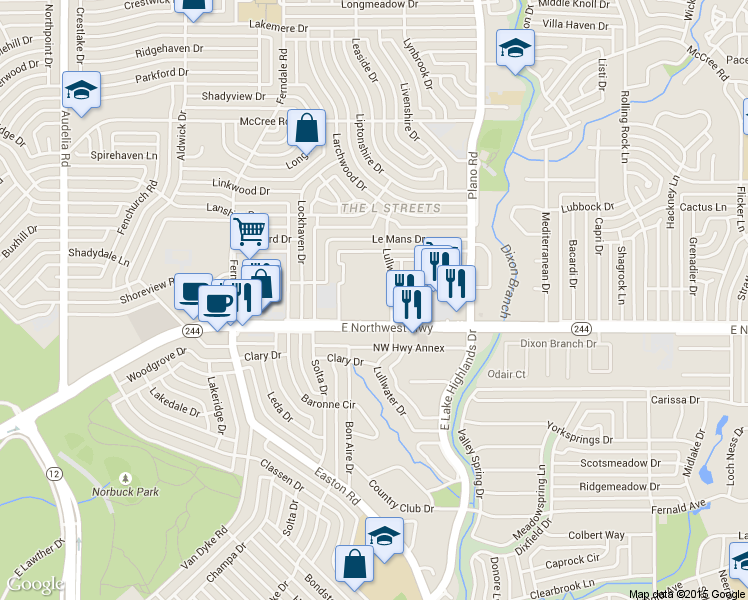 map of restaurants, bars, coffee shops, grocery stores, and more near 8501 Lullwater Drive in Dallas