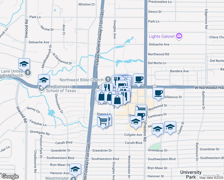 map of restaurants, bars, coffee shops, grocery stores, and more near 8400 Douglas Avenue in Dallas