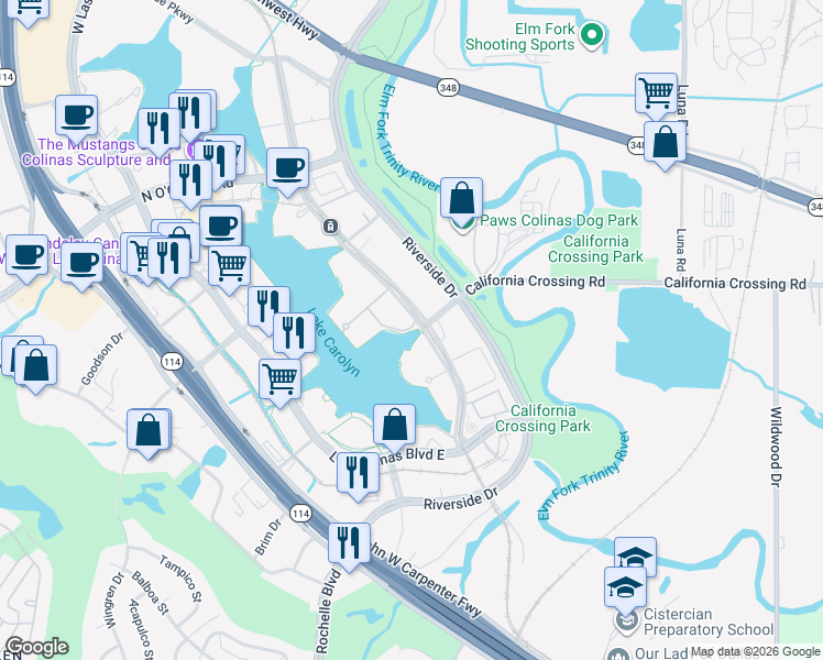 map of restaurants, bars, coffee shops, grocery stores, and more near 710 Lake Carolyn Parkway in Irving