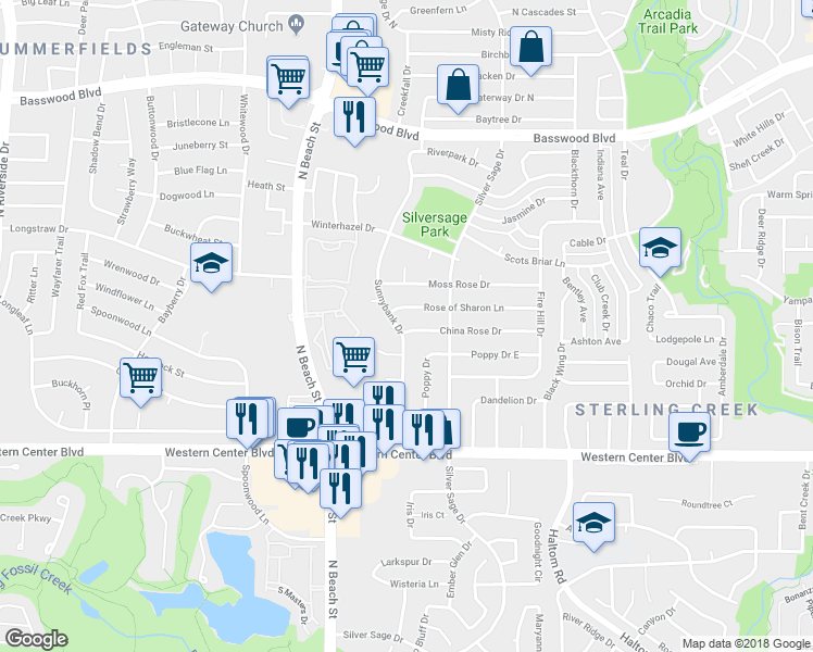 map of restaurants, bars, coffee shops, grocery stores, and more near 4600 China Rose Drive in Fort Worth