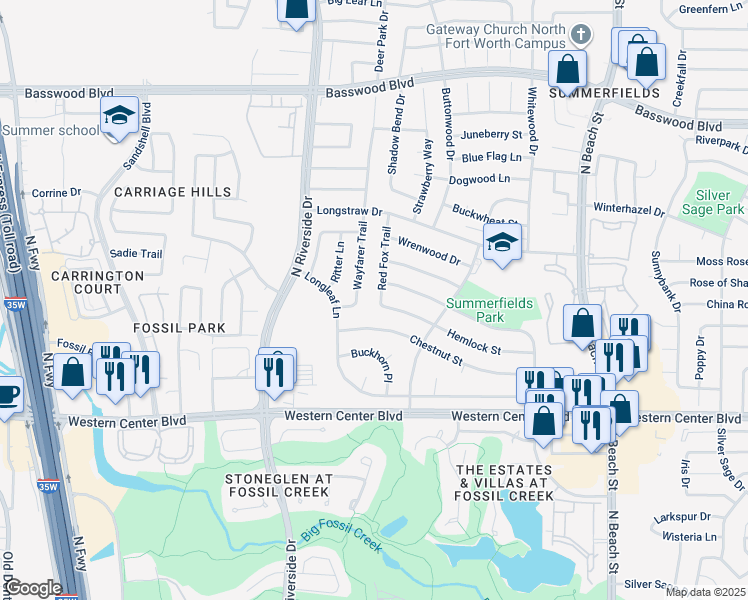 map of restaurants, bars, coffee shops, grocery stores, and more near 6716 Wayfarer Trail in Fort Worth