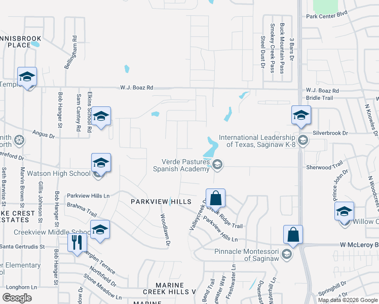 map of restaurants, bars, coffee shops, grocery stores, and more near 5116 Bayridge Court in Fort Worth